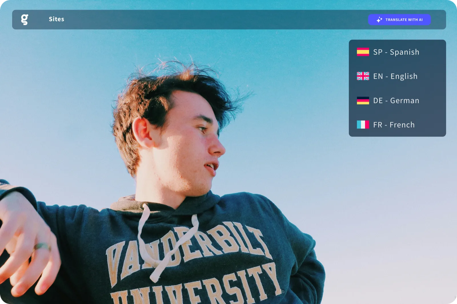 Translation panel active in the Griddo editor with AI Booster