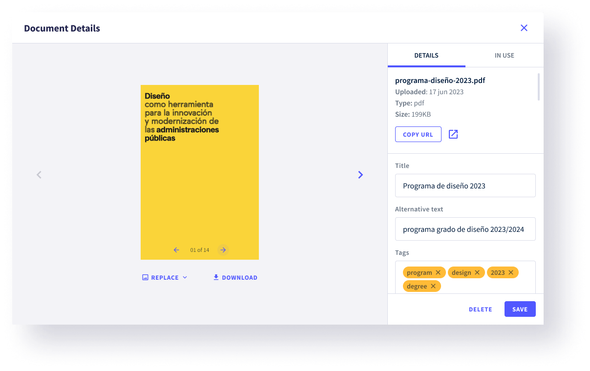 Details panel with the Copy URL button visible and an example of a generated URL