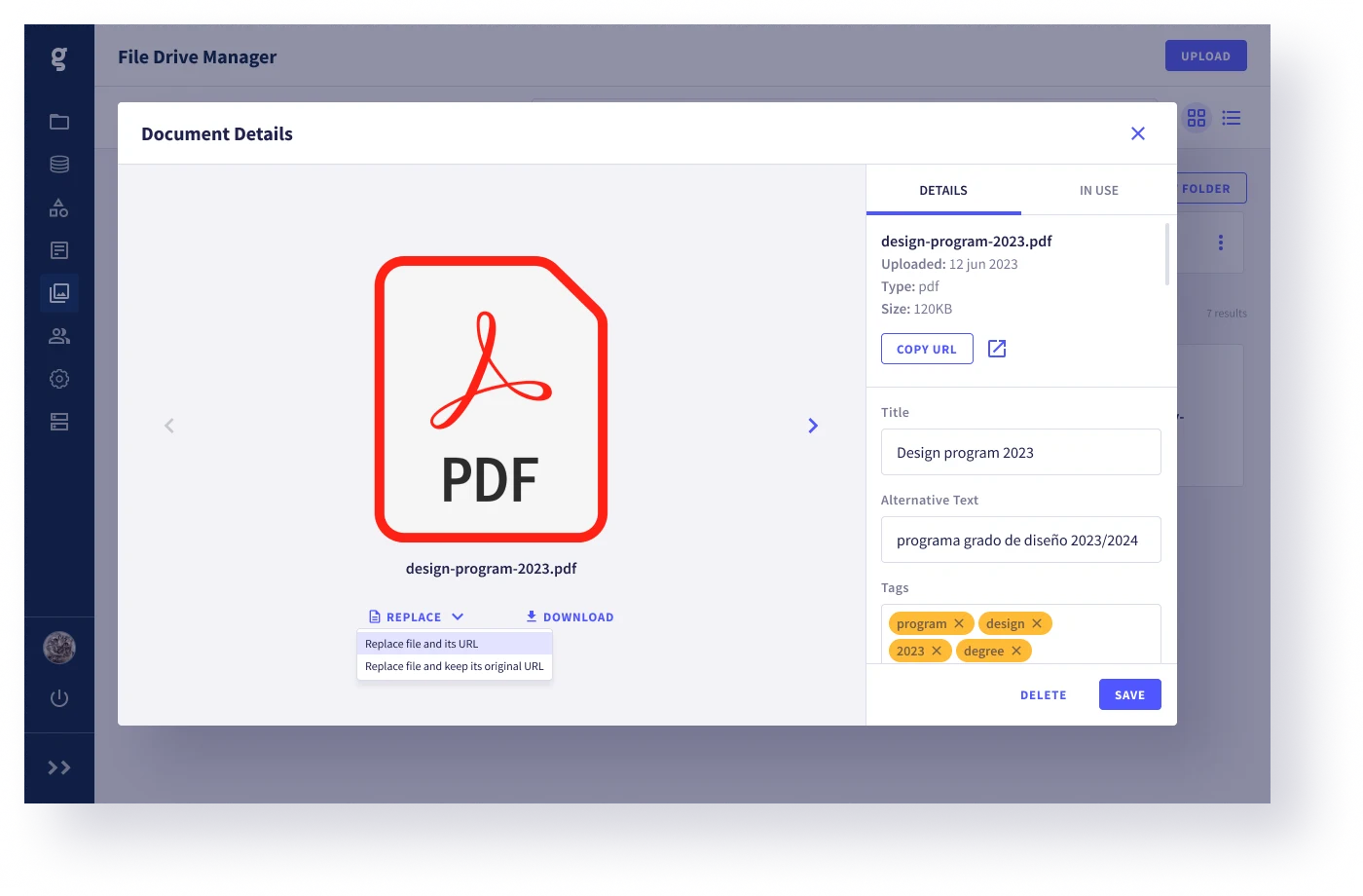 Details modal with the Replace button highlighted and a linked-pages indicator
