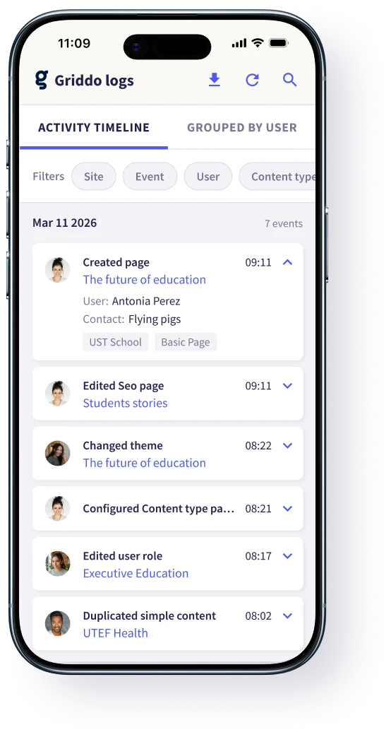 Griddo App Activity Log with real-time activity feed