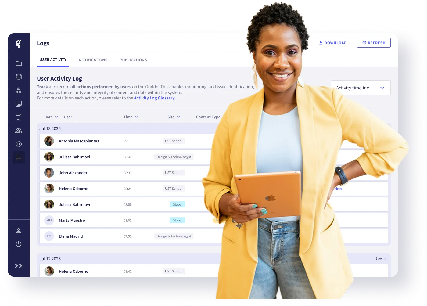 Griddo activity log and data management