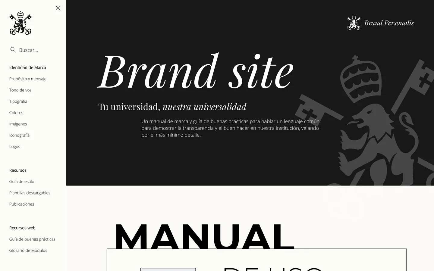 Brand Personalis, el BrandSite de Comillas, con el menú del manual de marca