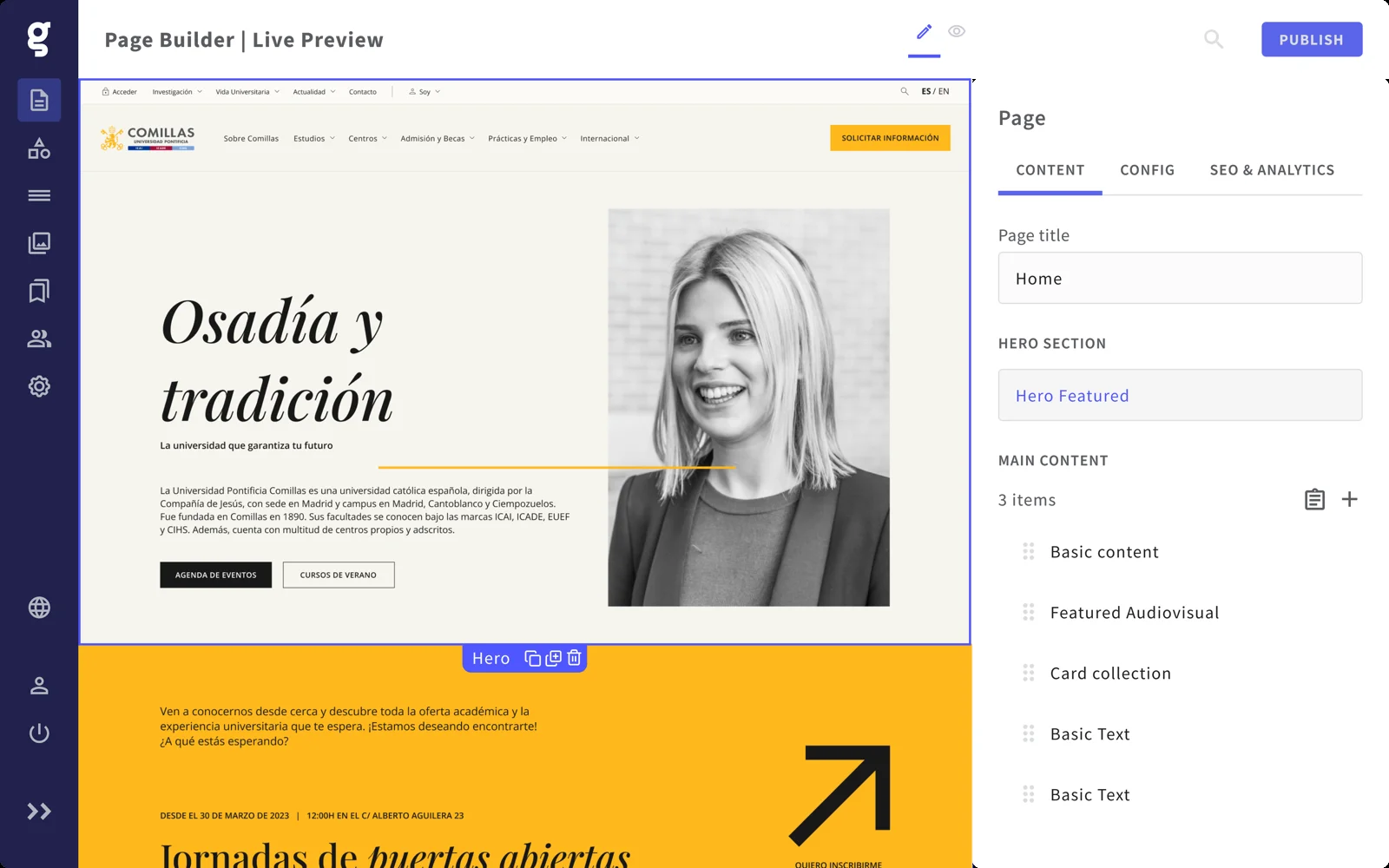 Una página de Comillas editándose en el Page Builder de Griddo, con vista previa en vivo