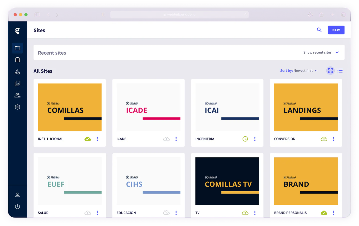 WebHub de Griddo con los ocho sites de Comillas: Institucional, ICADE, ICAI, Landings, EUEF, CIHS, TV y Brand Personalis