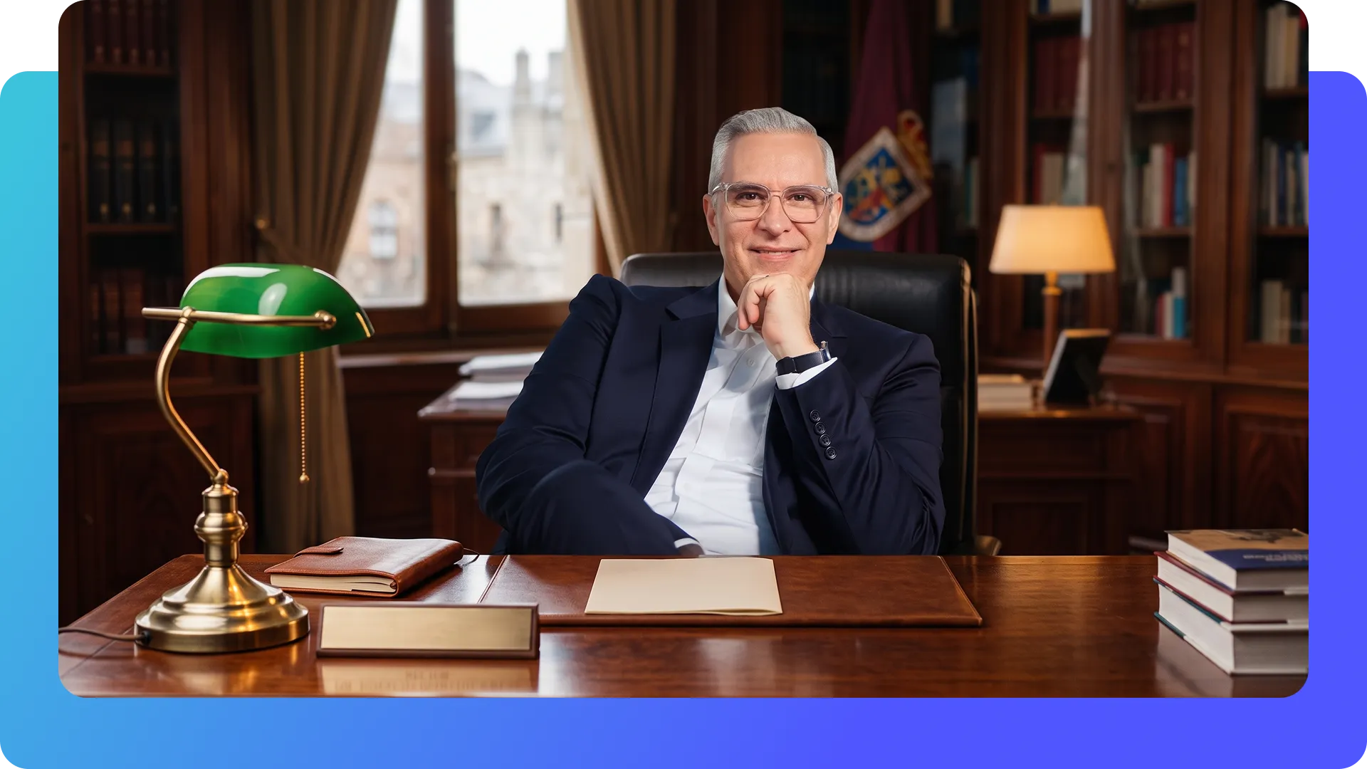 Rector de universidad en su despacho, representando la reputación institucional